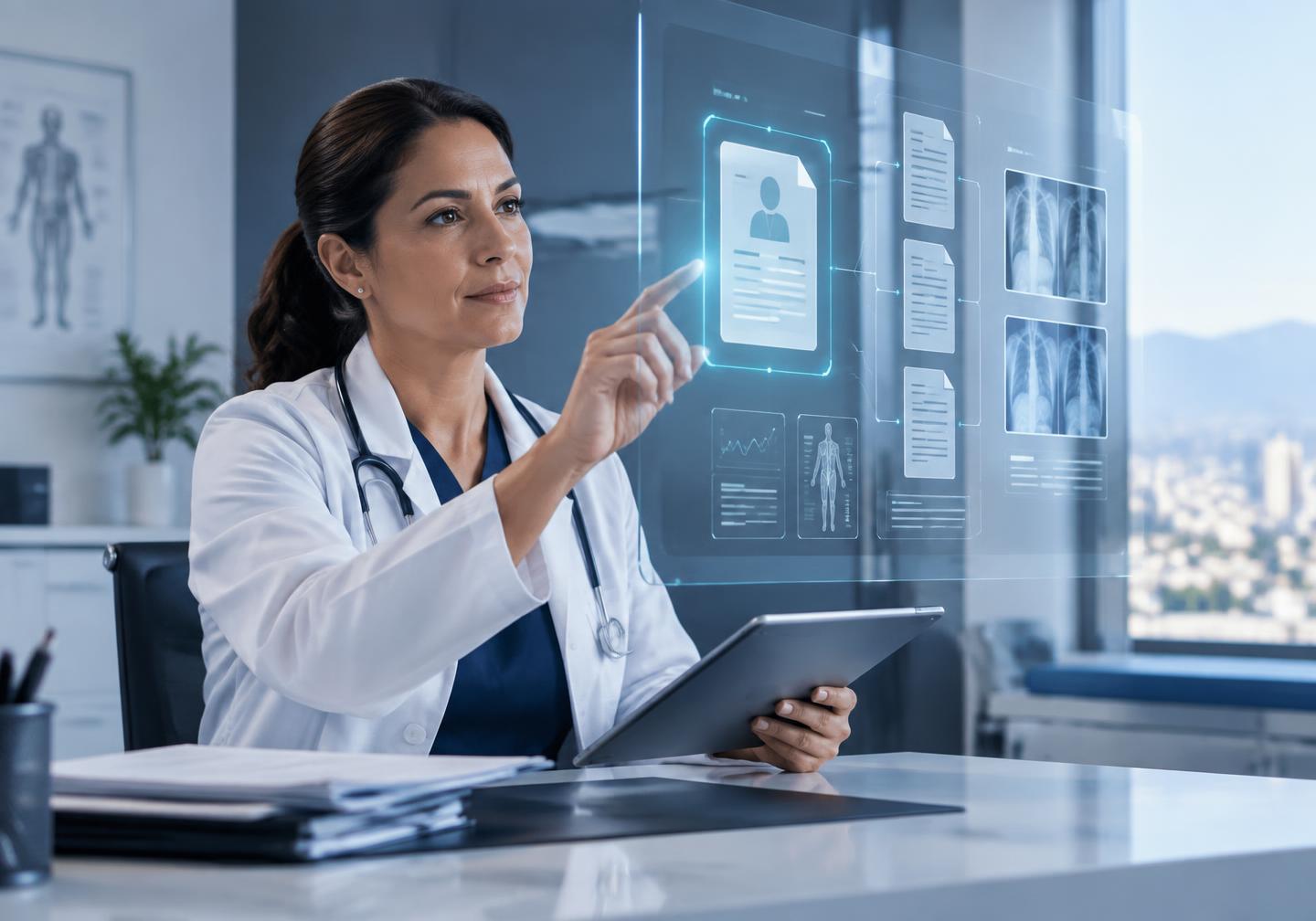 Profesional de medicina laboral revisando un expediente clínico